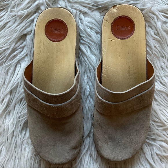 Chloe Gray Suede Leather Studded Round-Toe Slip On Wooden Sole Clog Mules Sz 40 - Picture 5 of 12